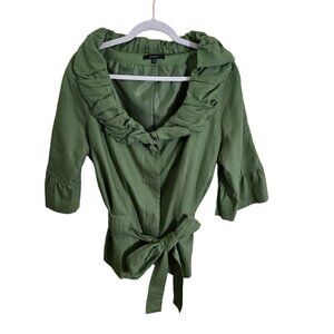 Dunner Vintage Linen Blend Green Ruffled Tie Top Size 16